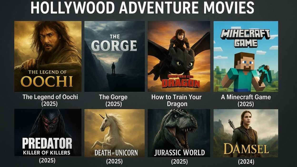 New Hindi-Dubbed Hollywood Adventure Movies list with posters for The Legend of Oochi, The Gorge, How to Train Your Dragon, Minecraft Game, Predator Killer of Killers, Death of Unicorn, Jurassic World, and Damsel.